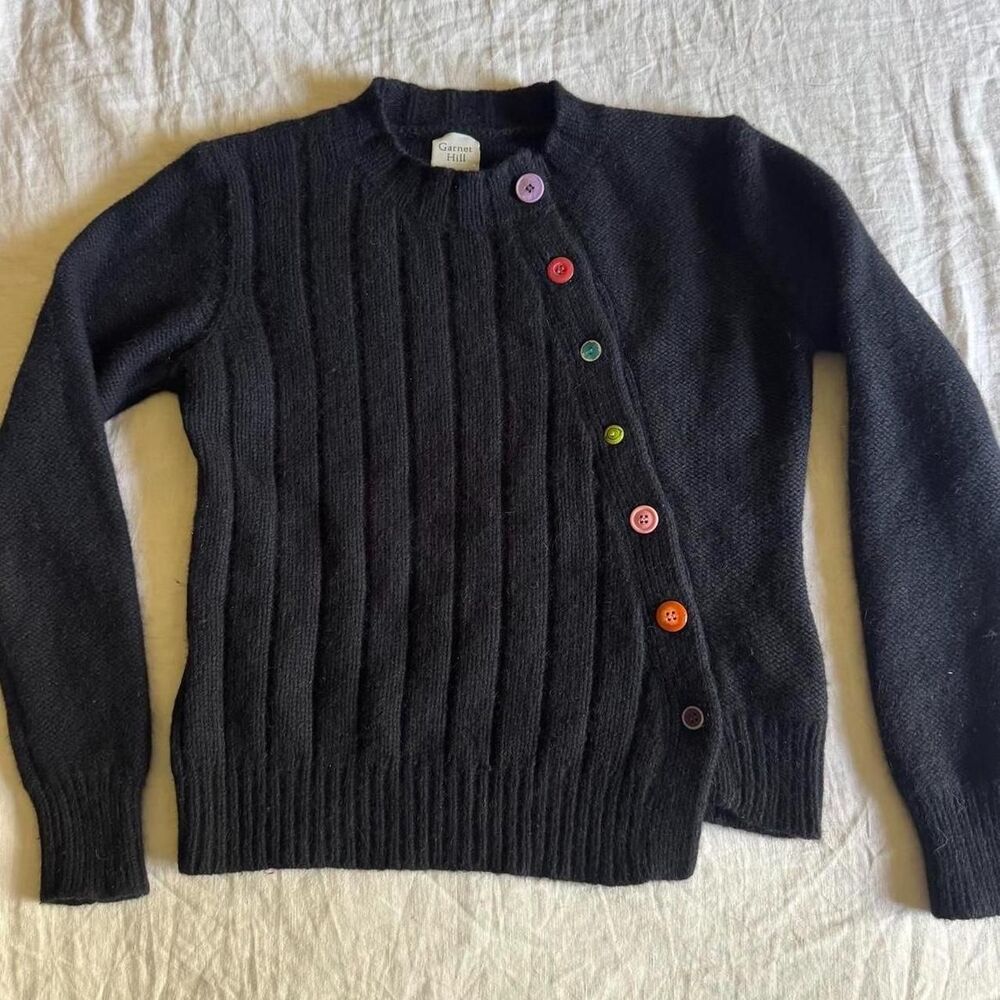 Garnet Hill Wool Angora Cardigan S Black Rainbow Buttons Asymmetric Artsy Knit